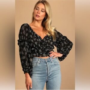 Pinch Floral Tiered Ruffled Cropped balloon sleeve top Boho Party Summer size XS